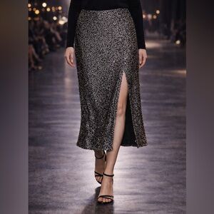 H&M Sequin Midi Skirt US Large Gunmetal Silver Holiday Party Side Slit Worn Once